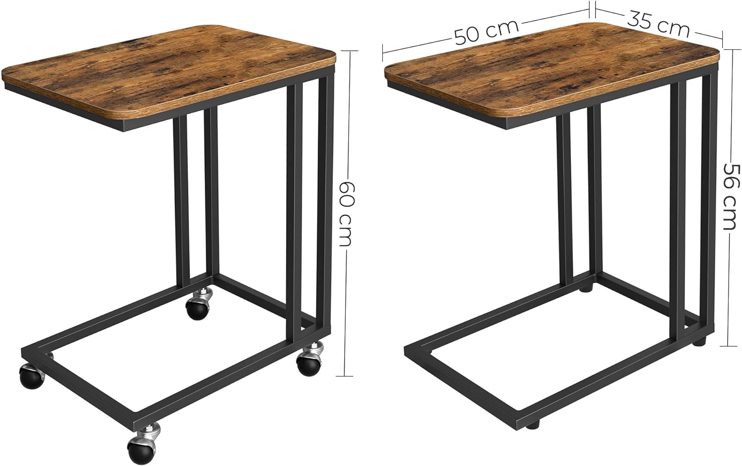 VASAGLE Masuta de cafea, cu cadru de otel si roti, 35x50x60cm, industrial, maro rustic si negru