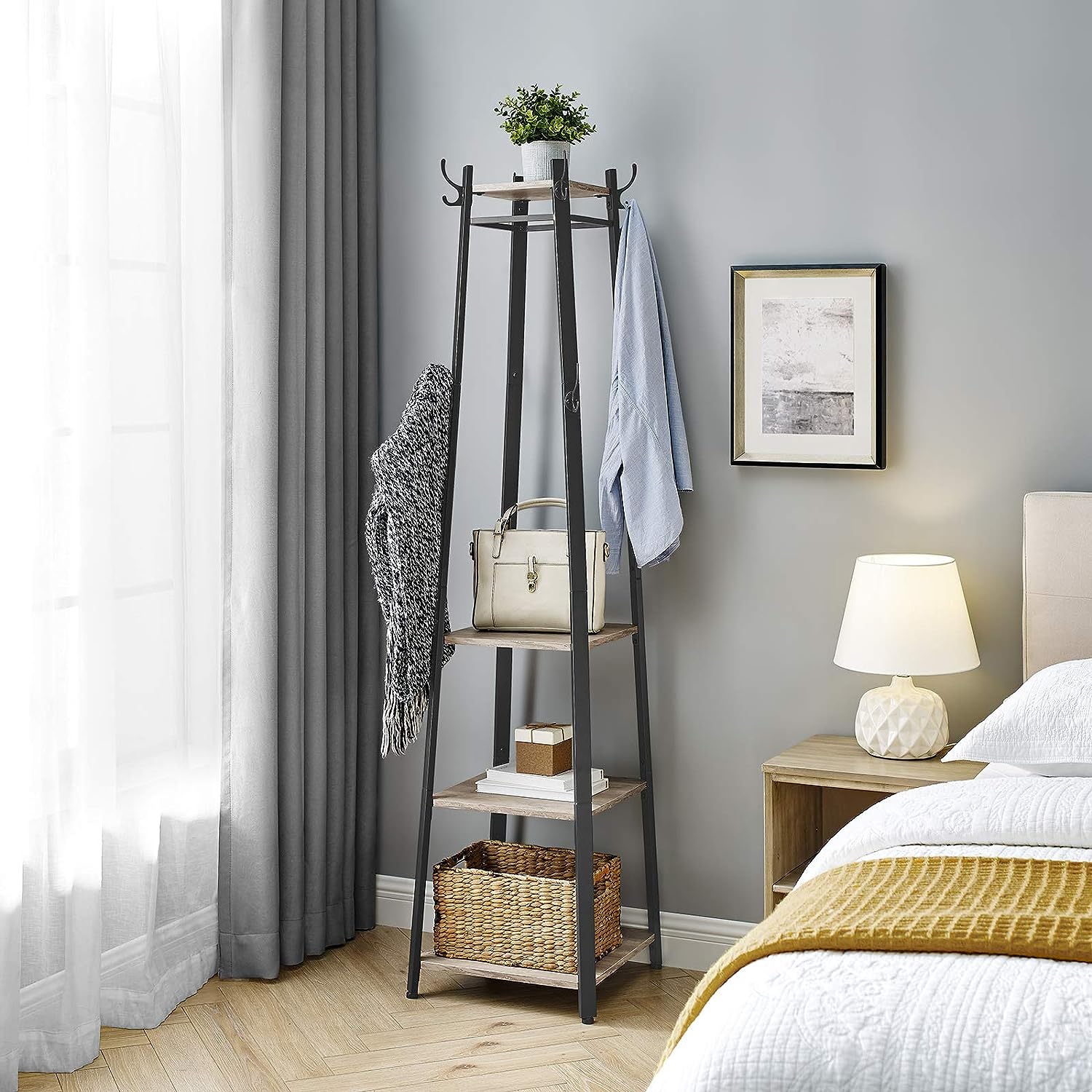 VASAGLE Cuier de haine cu 3 rafturi, suport cu carlige, din otel, 43x43x180 cm, stil industrial, gri si negru - 3