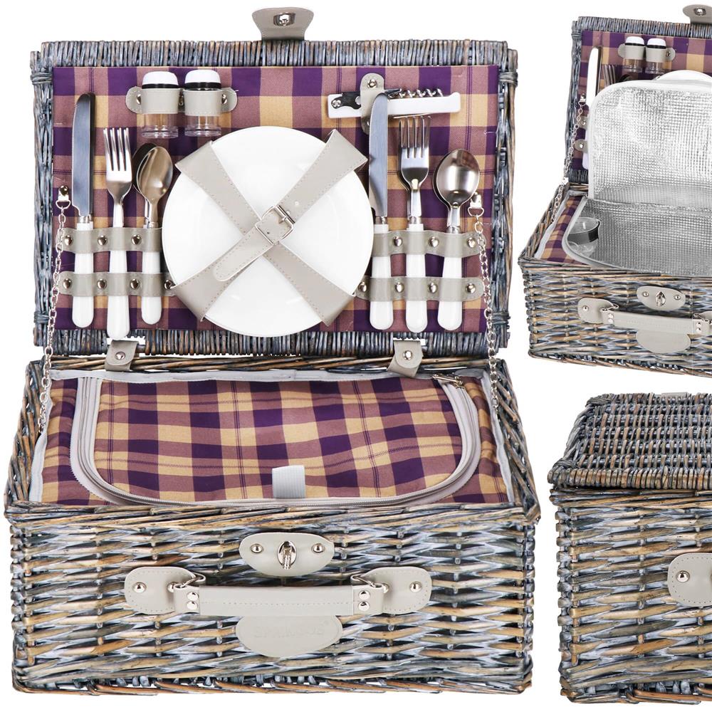 Cos de picnic echipat pentru 4 persoane Deluxe, din rachita, cu vesela si tacamuri, izolat termic, gri