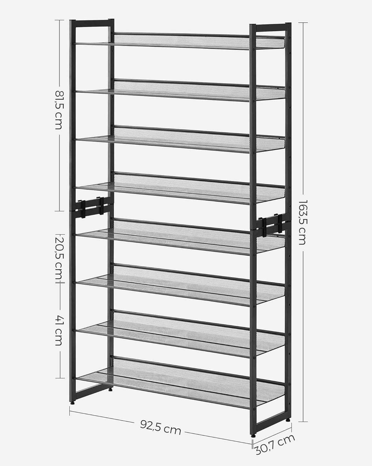 Raft pentru pantofi suprapozabil, pe 8 nivele, din metal, cu rafturi reglabile, pentru 32-40 perechi, 31x 92x163cm, negru