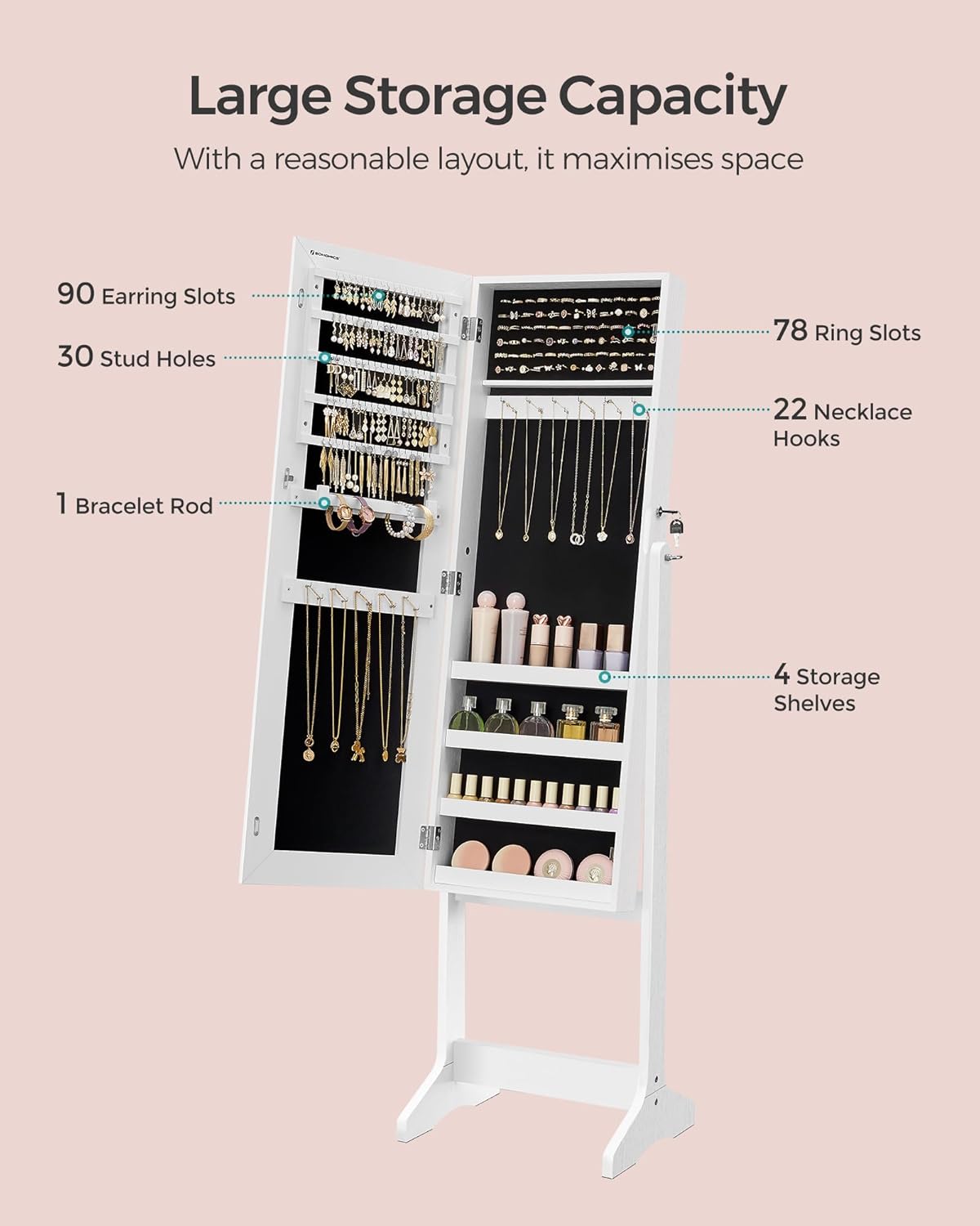 SONGMICS Oglinda de podea cu suport, din MDF, spatiu de depozitare, 41x37x152 cm, alb