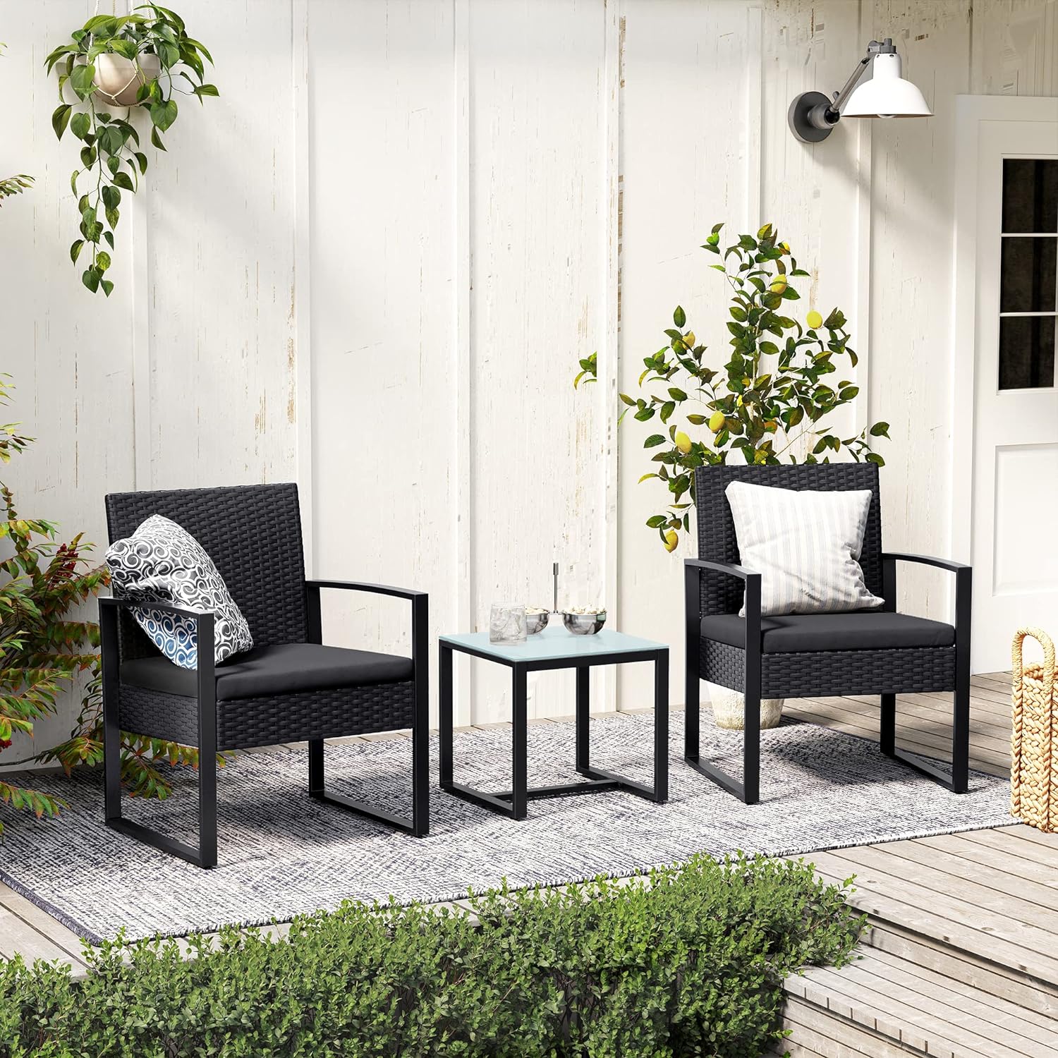 SONGMICS Set de mobilier pentru terasa sau balcon, din poliratan PE, masa si 2 scaune, negru