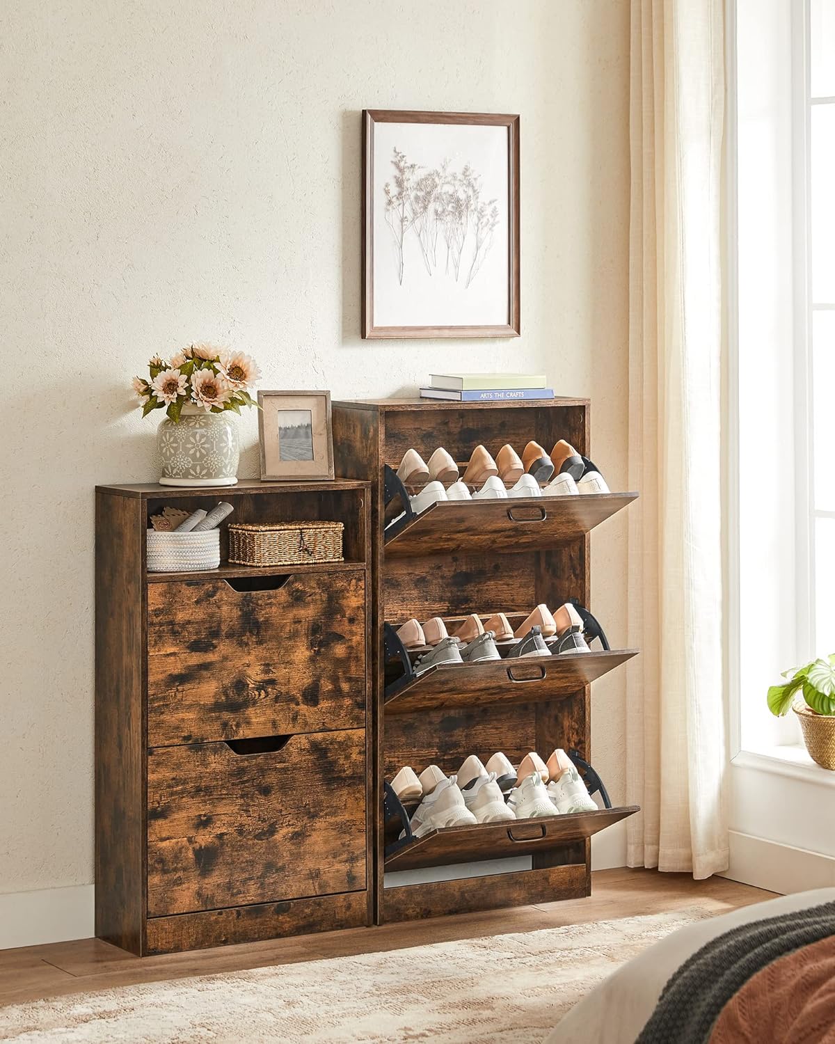 VASAGLE Dulap pantofi cu 2 usi flip, separator reglabil si detasabil, pentru 8-12 perechi, 24x60x102cm, maro rustic