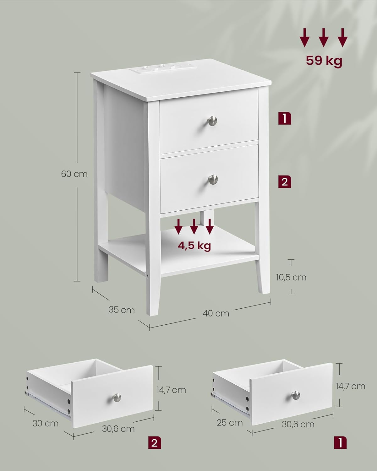 VASAGLE Noptiera din bambus, cu 2 sertare, 2 prize si 2 USB, 35x40x60 cm, alb