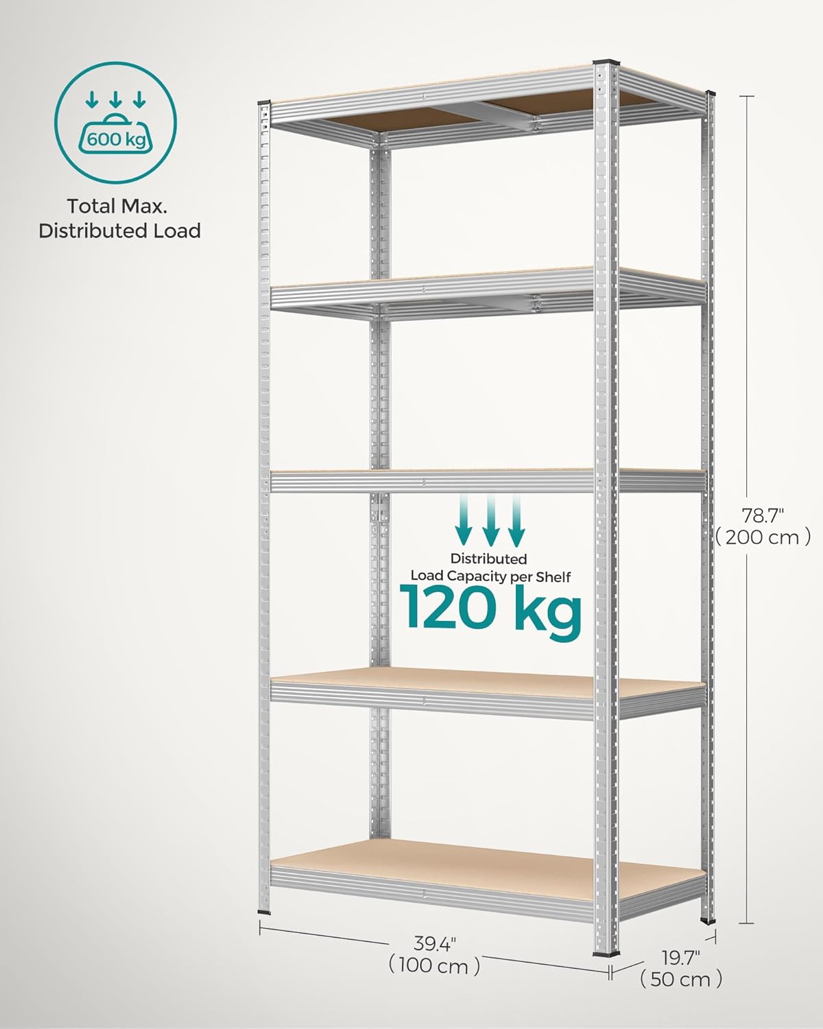 SONGMICS Raft de depozitare metalic, cu rafturi din MDF, 5 polite, max. 600 kg, 200x100x50cm, argintiu
