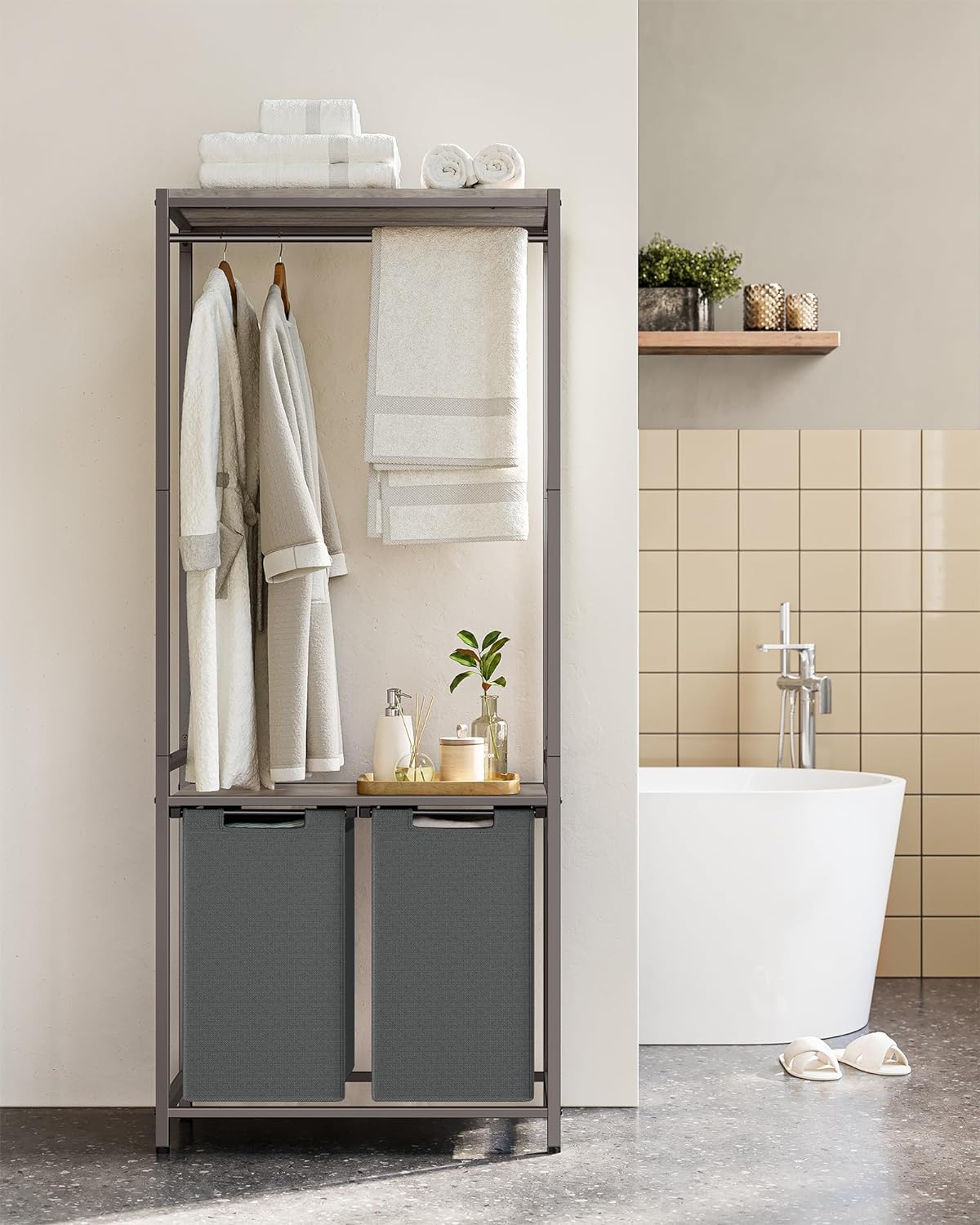 VASAGLE Cos de rufe, 2 compartimente, saci de rufe detasabili, 2 rafturi, tija umerase, 2x46L, 73x33x177cm, gri