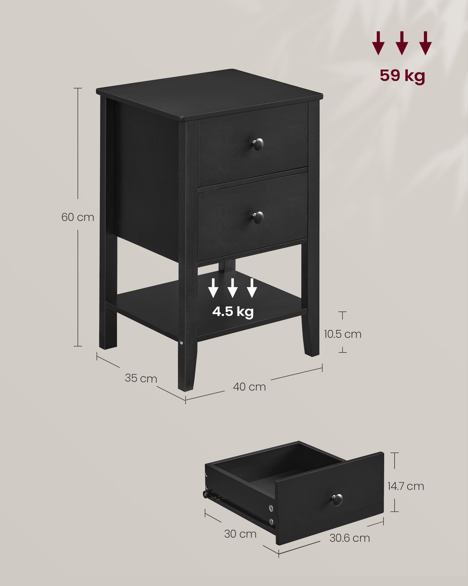 VASAGLE Set de 2 noptiere din bambus, cu 2 sertare, 35x40x60 cm, negru