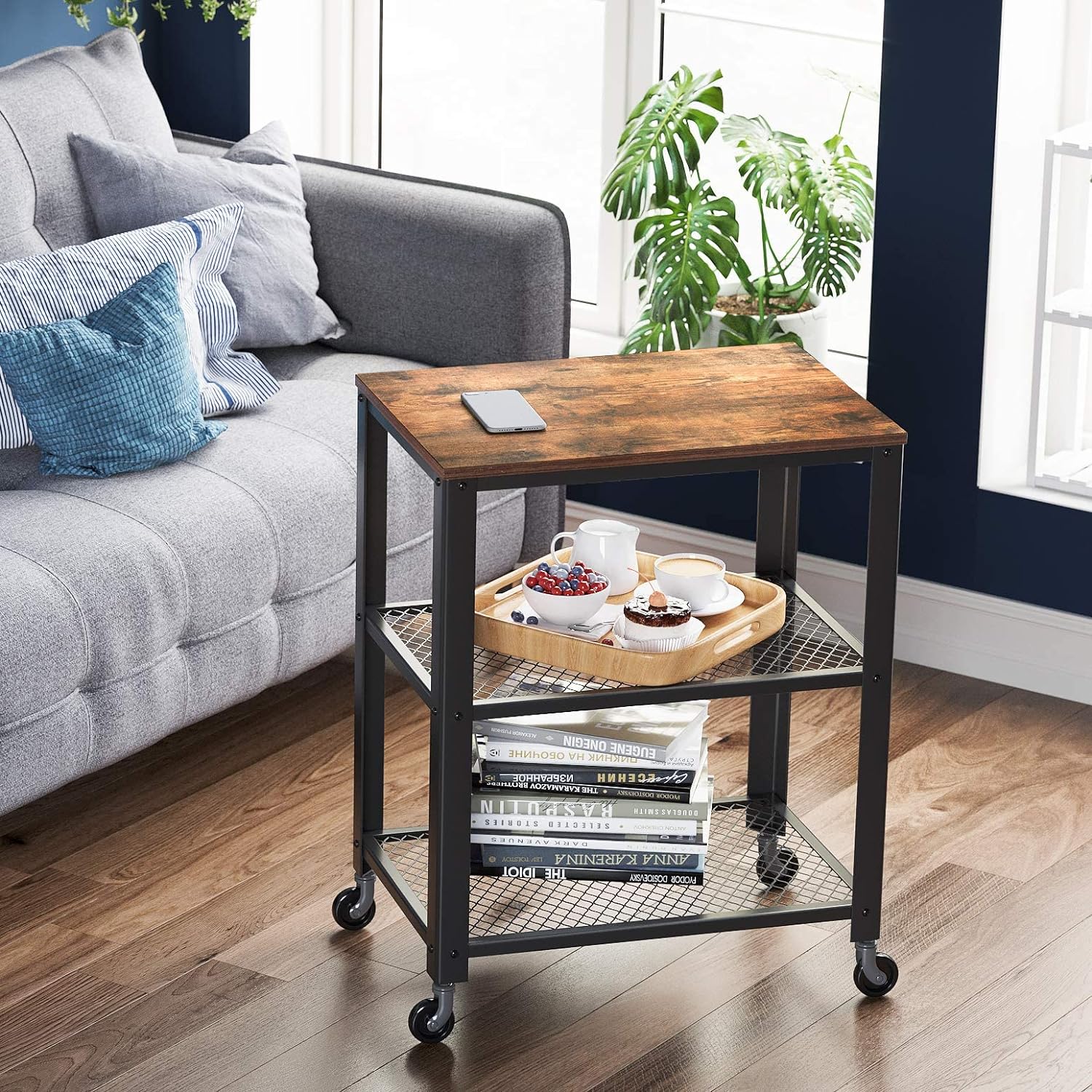 Carucior de servire pe roti, cu polite, pentru bucatarie, 40x60x77cm, industrial, maro rustic
