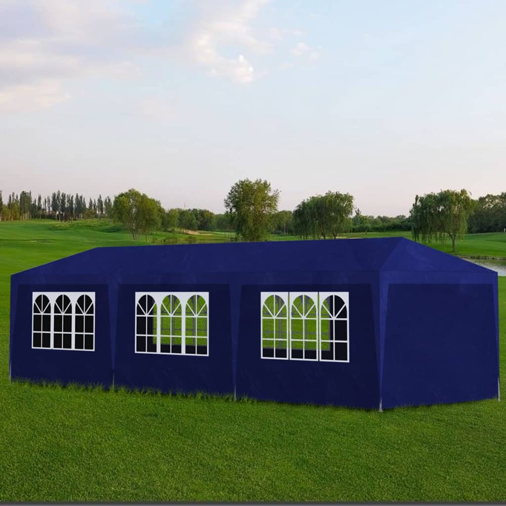 Cort pavilion 9x3m pentru gradina sau evenimente, cu 8 pereti laterali, albastru