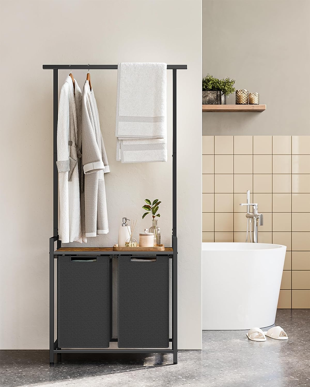 VASAGLE Cos de rufe, 2 compartimente, saci de rufe detasabili, 1 raft, tija umerase, 2x46L, 73x33x175cm, maro rustic