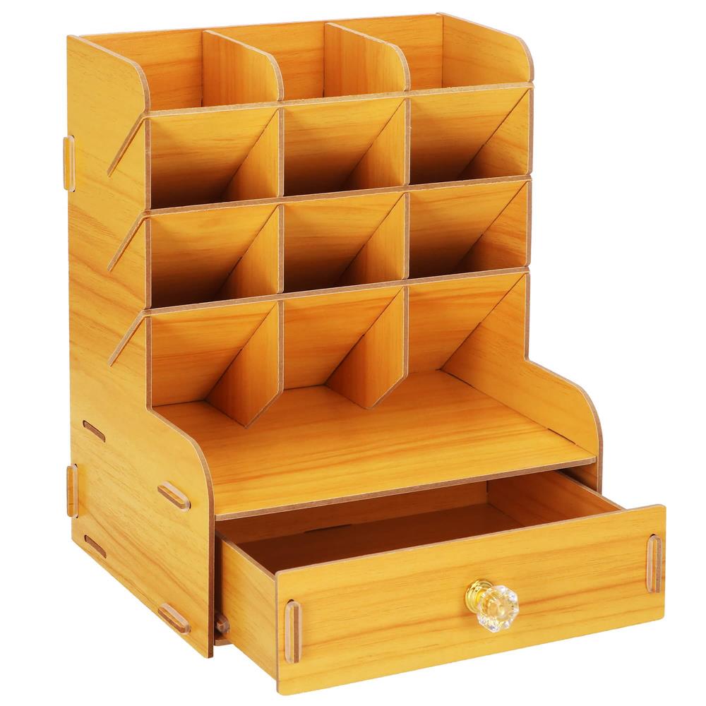 Organizator pentru birou, din lemn, cu 10 compartimente si sertar