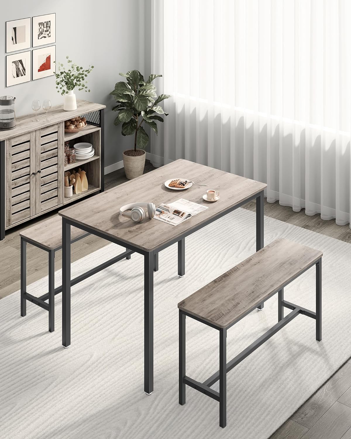 VASAGLE Masa de bar cu 2 banci, design industrial, 110x70x75cm, stejar sonoma