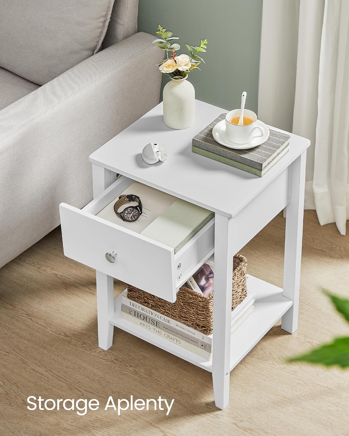 VASAGLE Set de 2 noptiere din bambus, cu sertare, 35x40x60 cm, alb