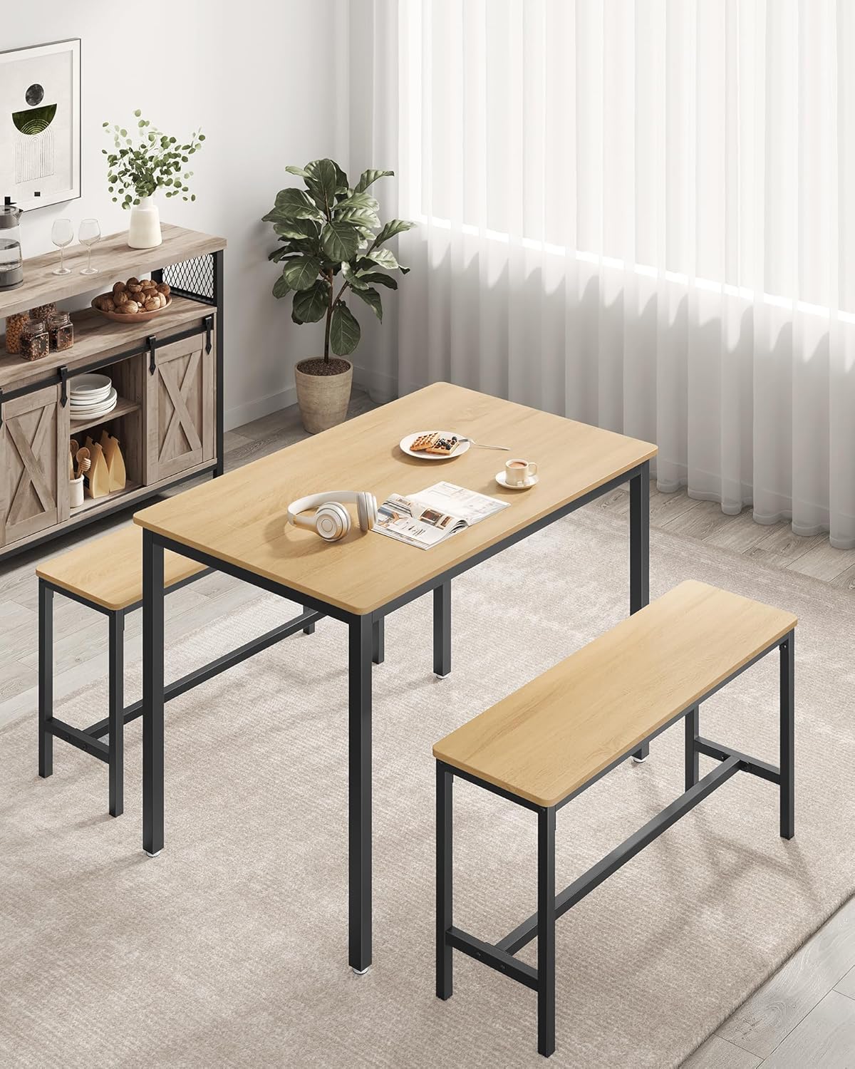 VASAGLE Masa de bar cu 2 banci, design industrial, 110x70x75 cm, stejar natur