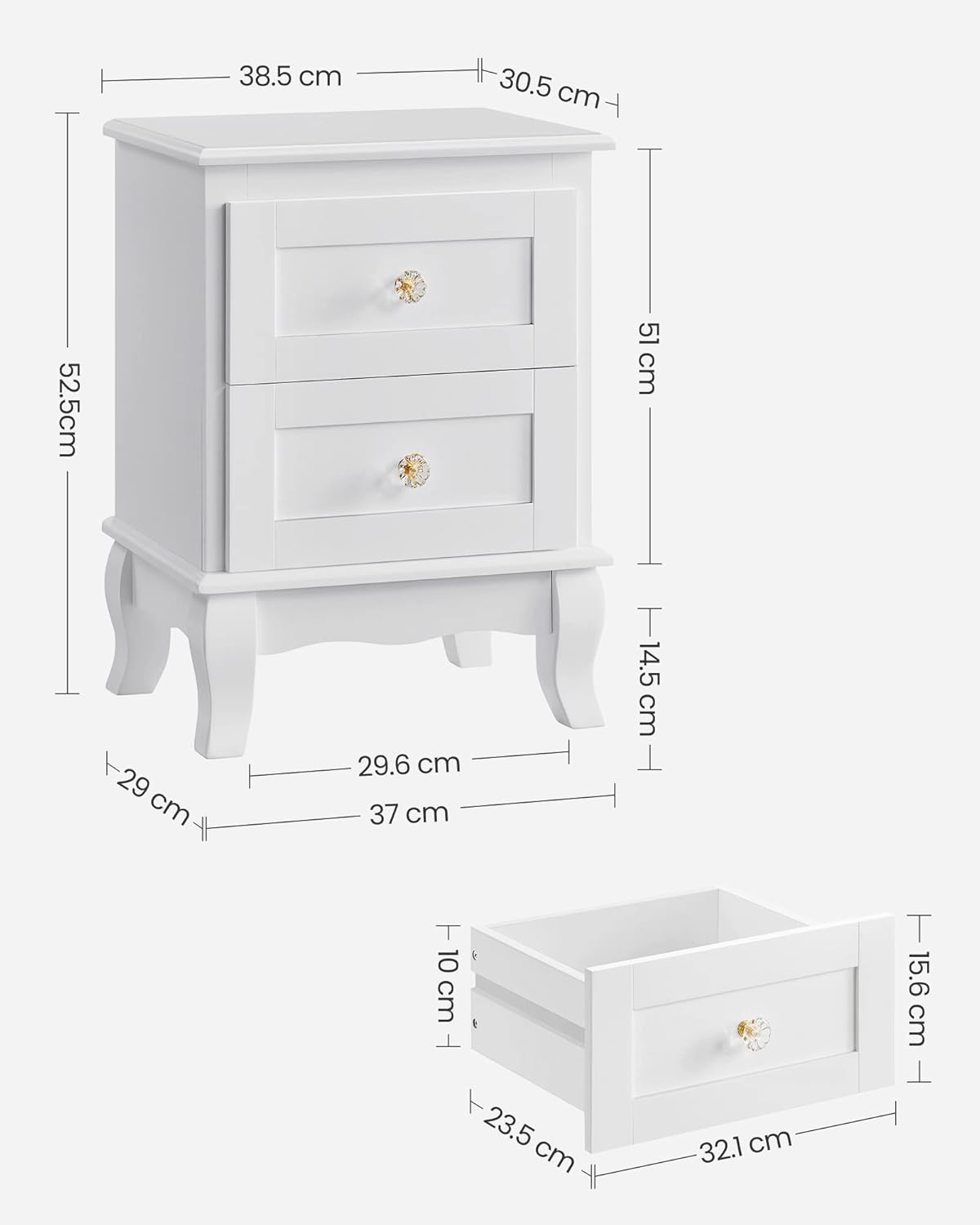VASAGLE Set de 2 noptiere din MDF, cu sertare, 39x31x53 cm, alb
