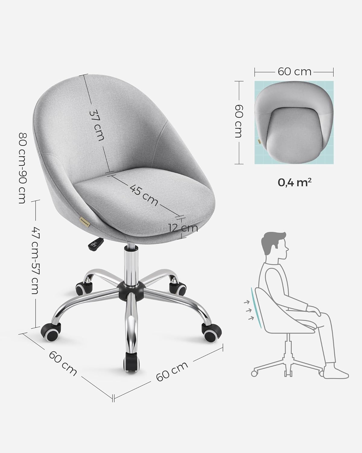 SONGMICS Scaun de birou ergonomic, inaltime reglabila, 60x60x(80-90) cm, gri - 3