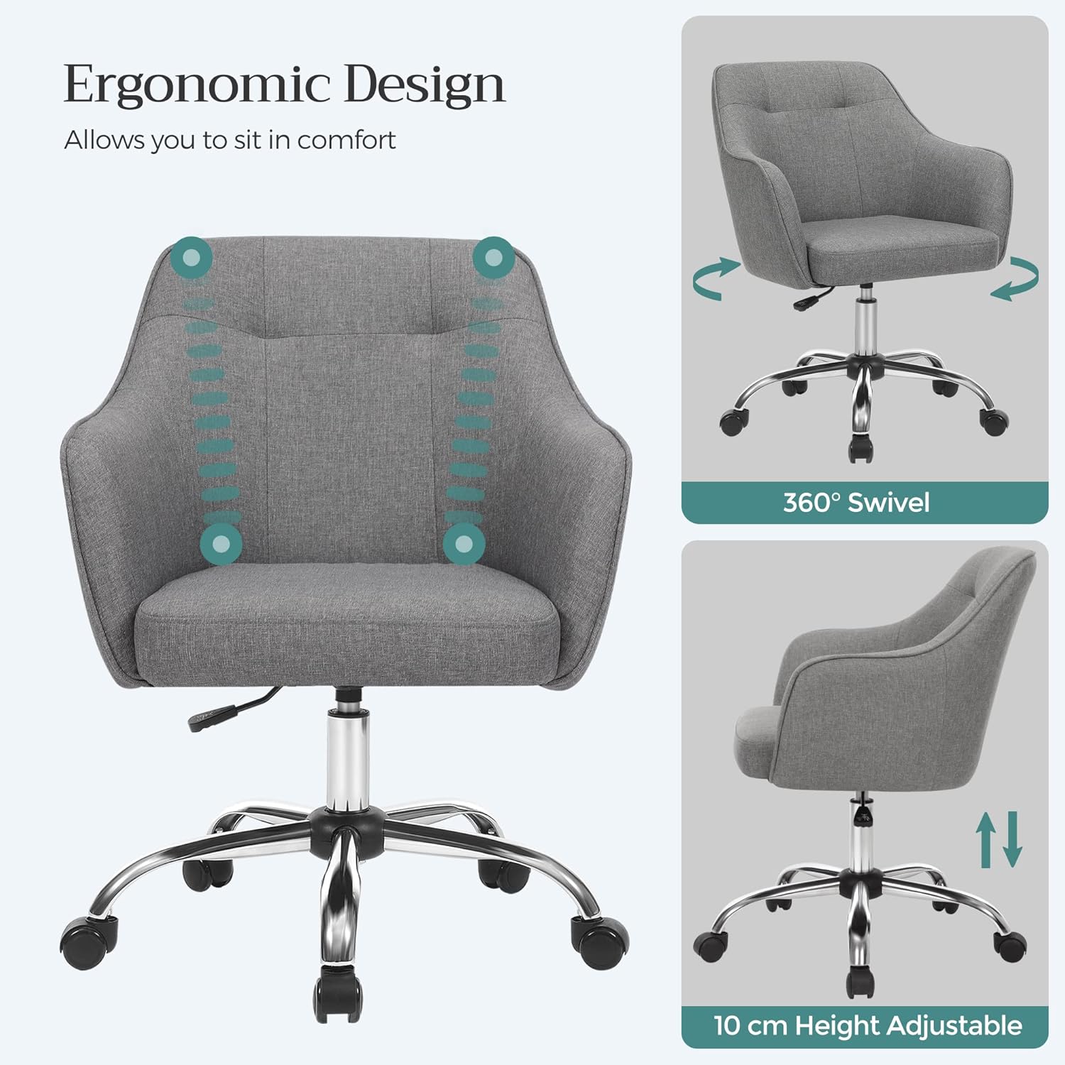 SONGMICS Scaun de birou ergonomic, inaltime reglabila, 65x69x(83-93) cm, gri - 3