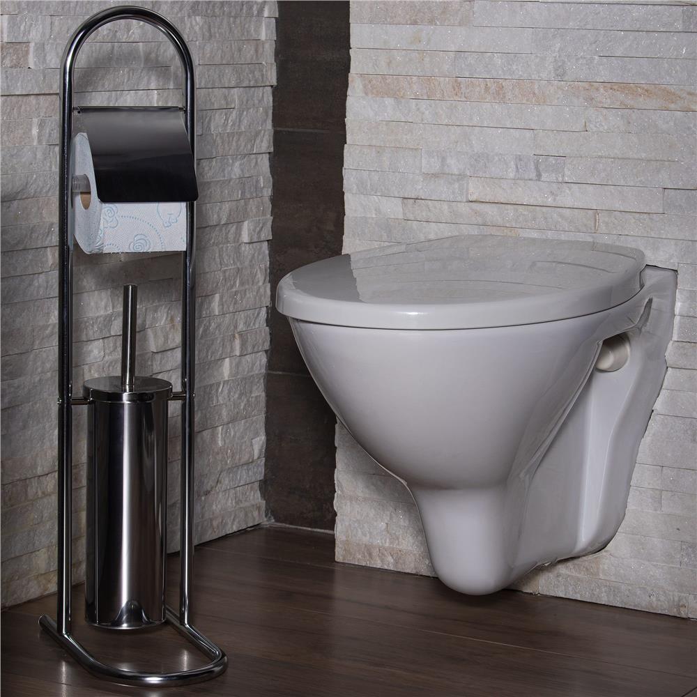 Stand cu perie WC si suport hartie igienica, inox, 72cm, argintiu