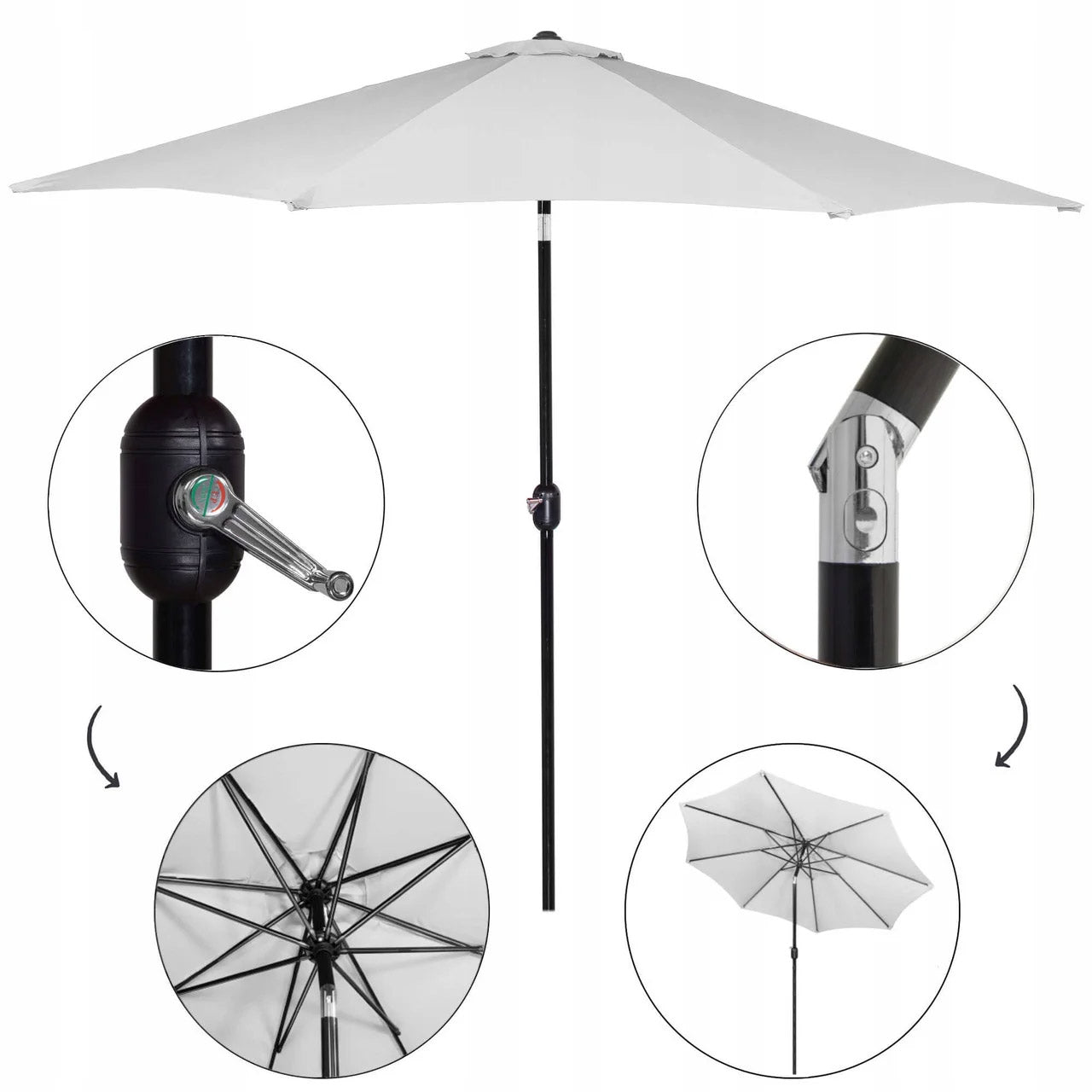 Umbrela terasa gradina, cu manivela si inclinare, GU20E, diametru 300cm, Argintiu