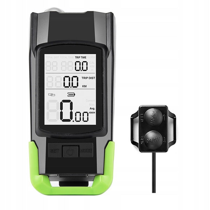Far bicicleta 3 in 1, 2x LED 5 Wati, claxon, vitezometru, distanta, acumulator 4000mAh, USB, rezistent la apa