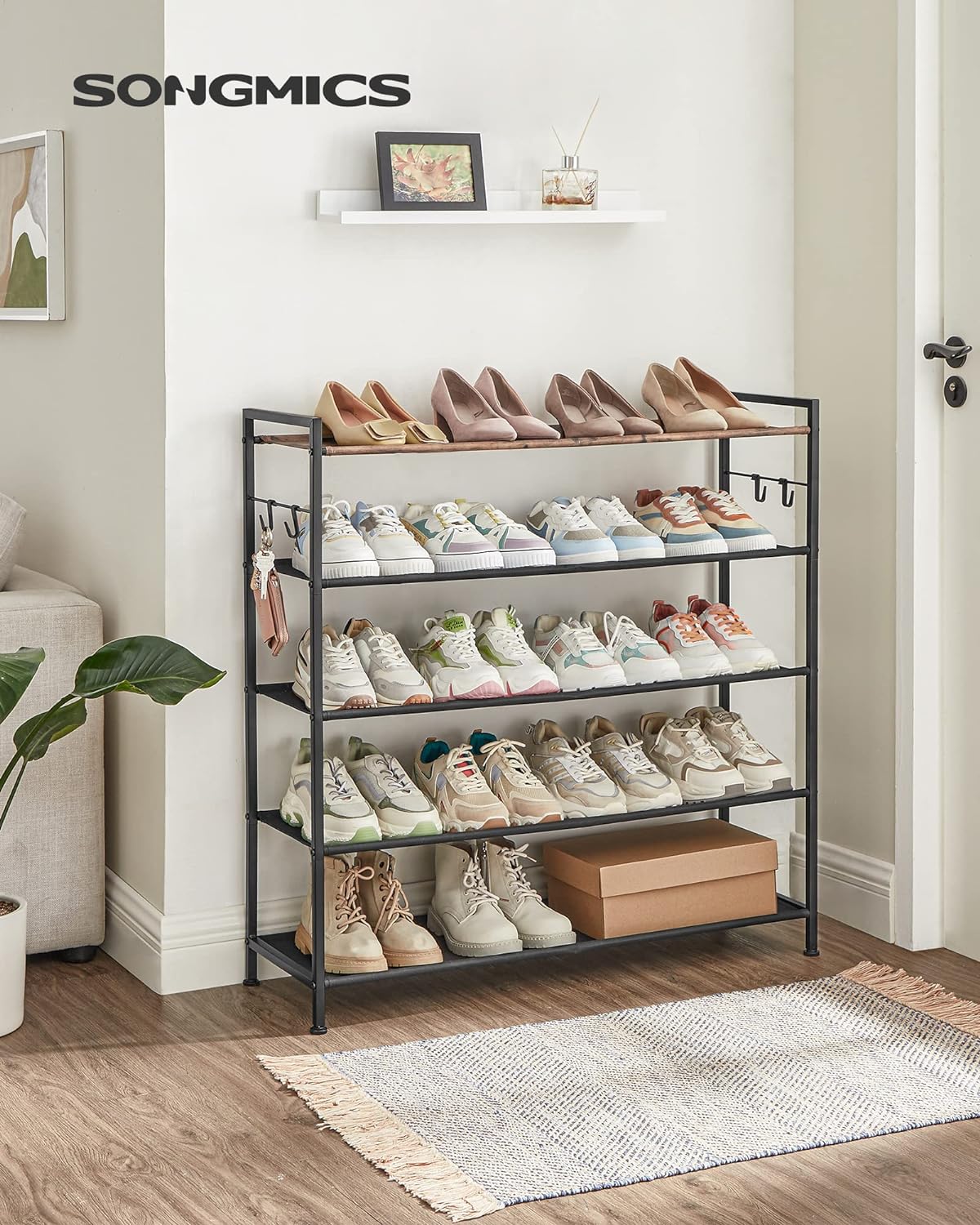 SONGMICS Raft de depozitare pantofi, metalic, 5 nivele din tesatura oxford, pentru 20-25 perechi, 29x89x93cm, maro rustic si negru