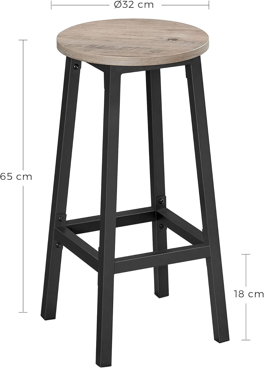 VASAGLE Set 2 scaune bar inalte, sezut rotund, cadru din otel, inaltime 65 cm, stil industrial, gri - 3