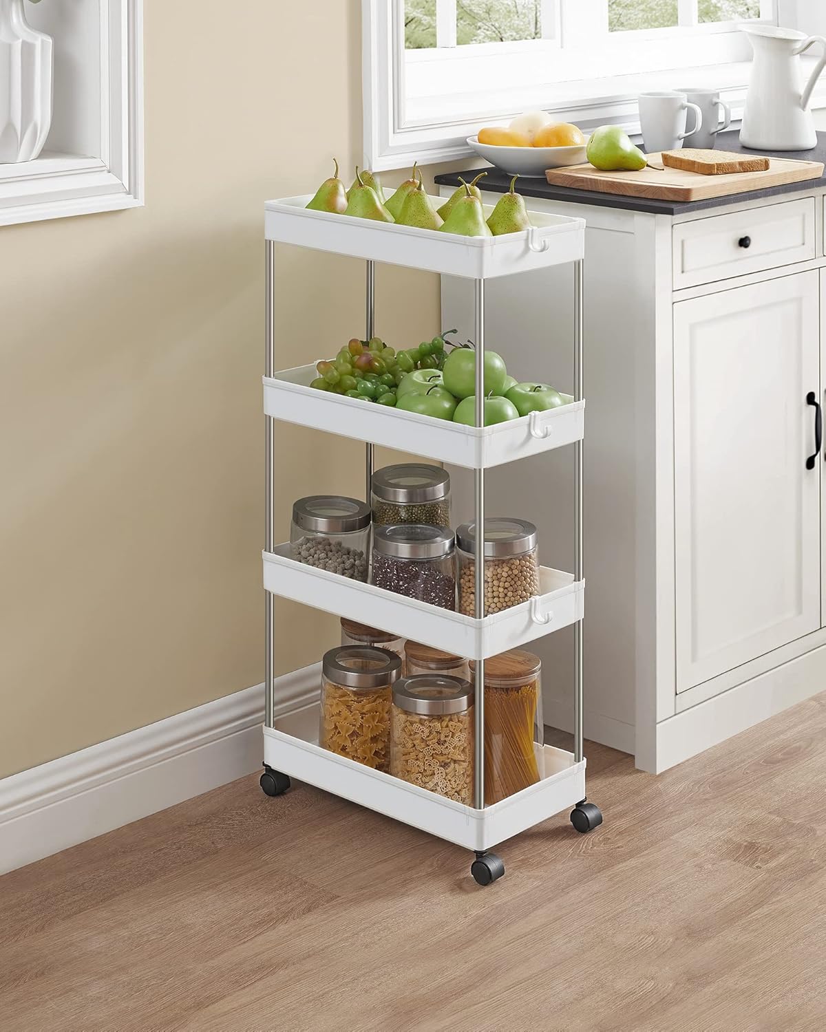 SONGMICS Carucior de depozitare mobil cu roti, pe 4 niveluri, 40x22x87 cm, alb