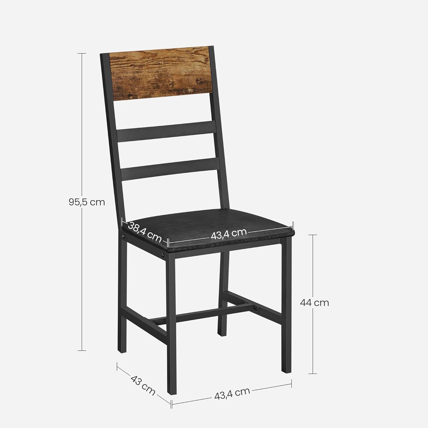 VASAGLE Set 2 scaune de living, tapitate, cu spatar, stil industrial, 43x43x96 cm, maro rustic si negru