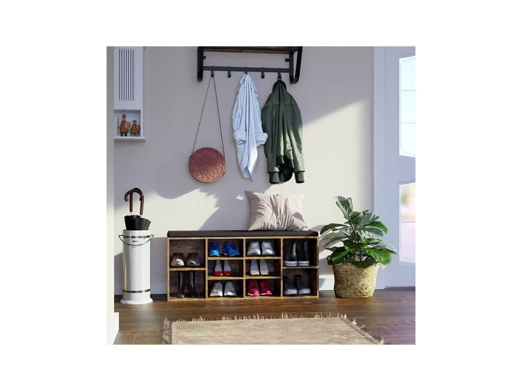 VASAGLE Banca pentru hol cu suport pentru pantofi, 10 compartimente, cu perna, 104x48x30cm, maro rustic