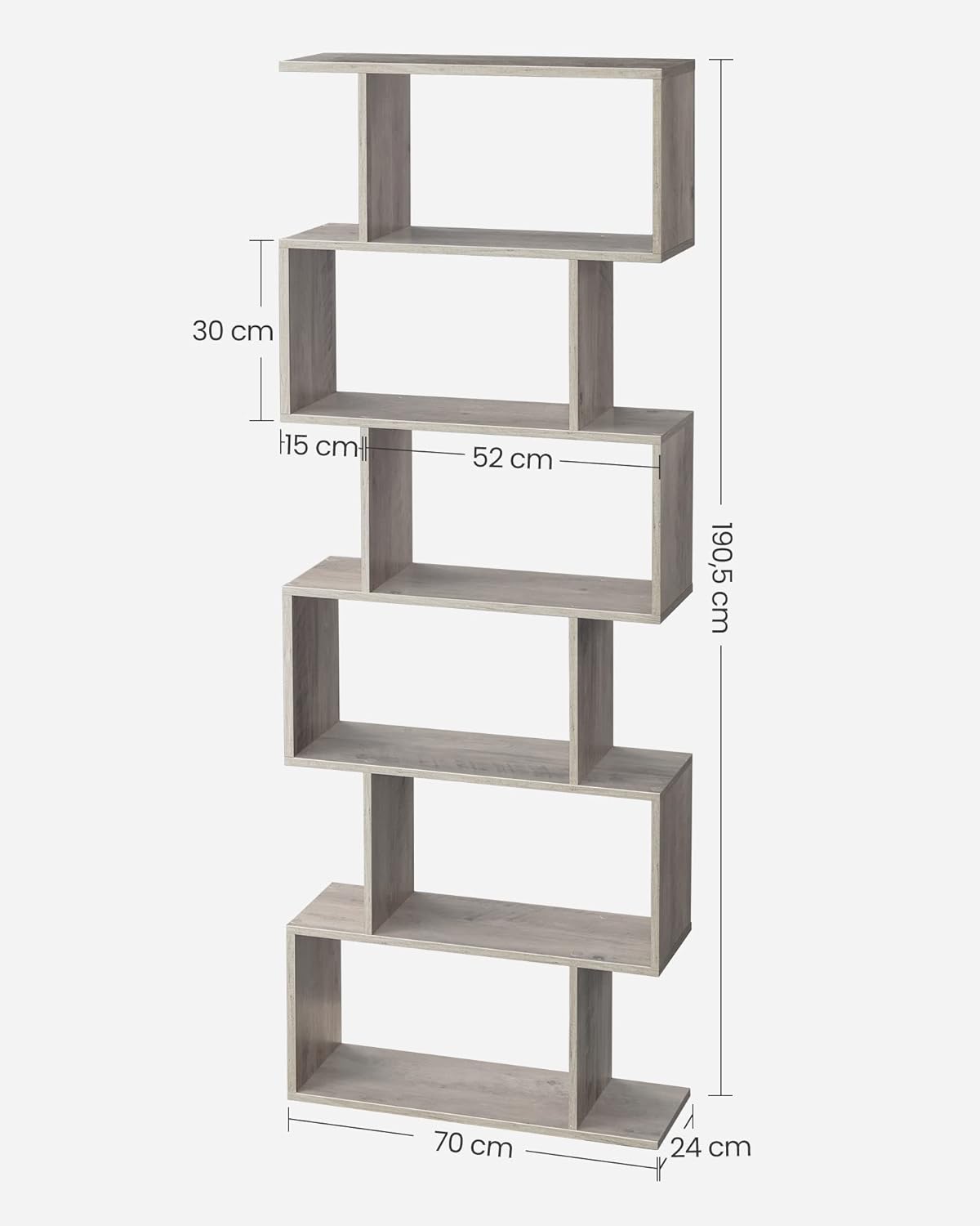 VASAGLE Biblioteca, raft cu 6 unitati de depozitare, pentru living, din lemn, 24x190x70cm, gri stejar - 3