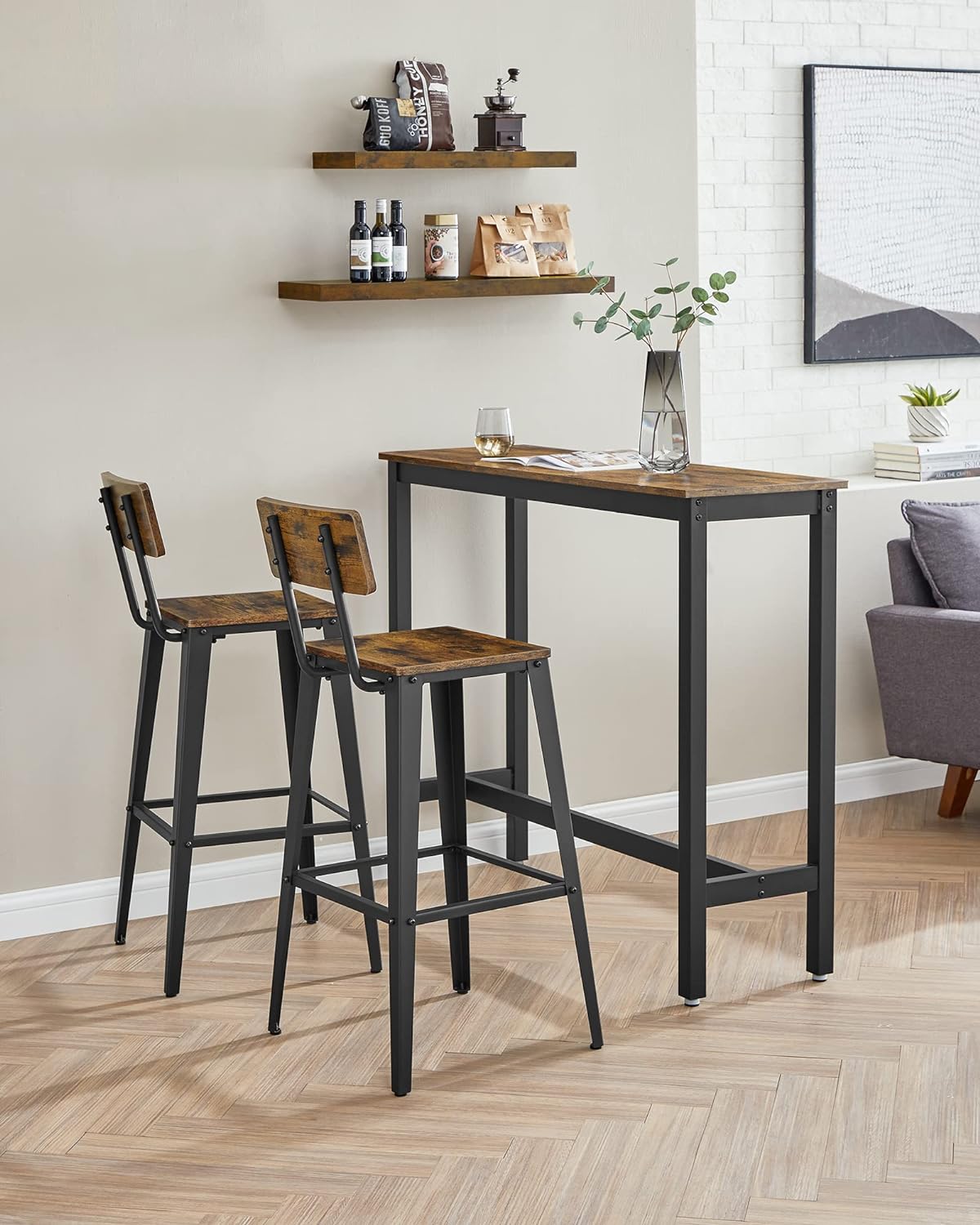 VASAGLE Set 2 scaune de bar, inalte cu spatar, industrial, 45x45x102cm, maro rustic si negru