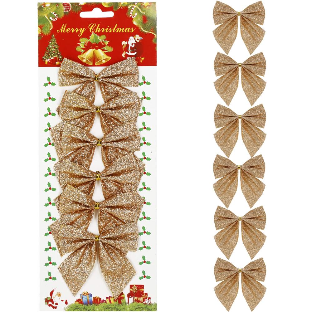 Set 6 ornamente pentru bradul de Craciun, fundita, 8cm, auriu