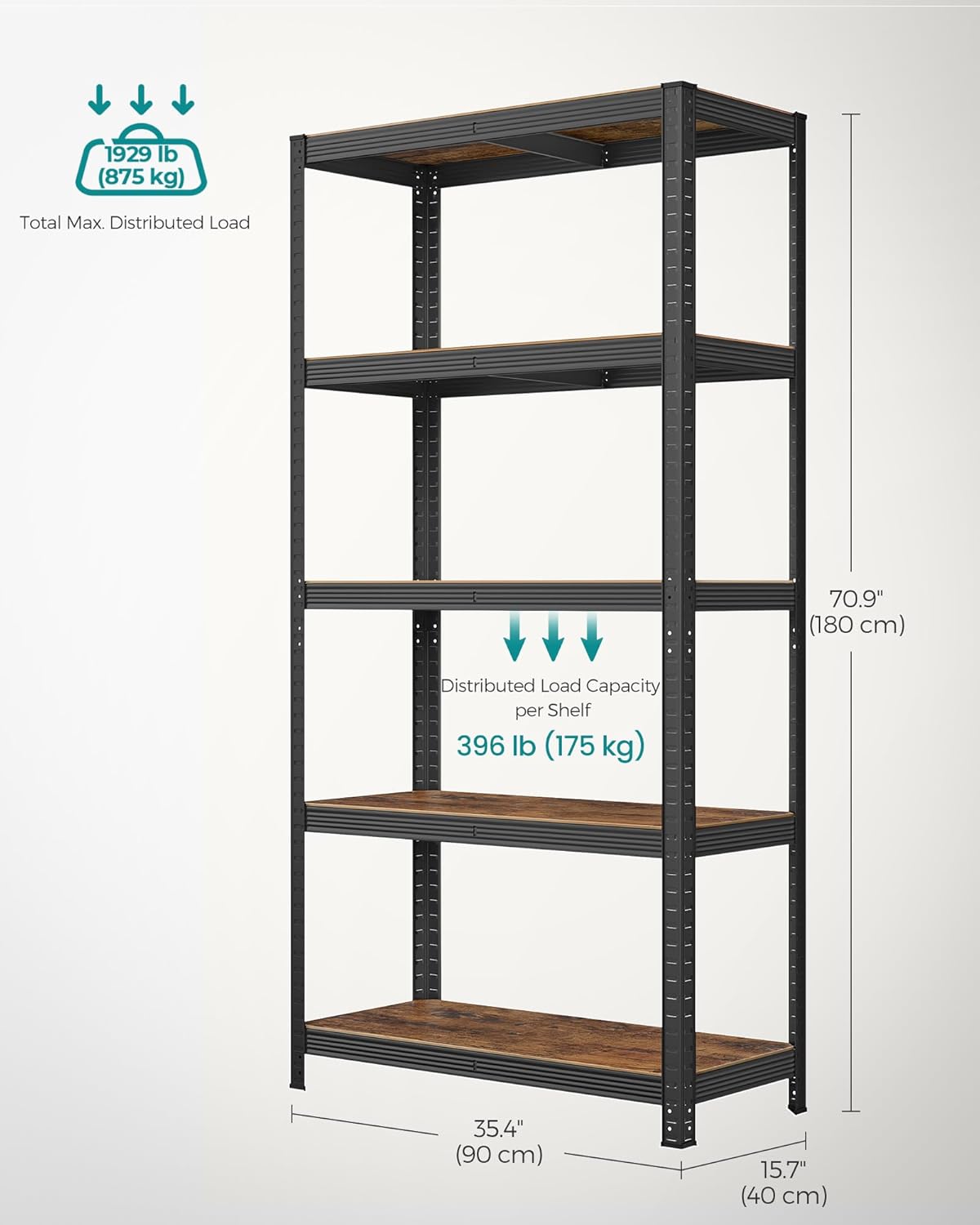 SONGMICS Raft cadru metalic modular pentru depozitare, 5 polite, 180x90x40 cm, sarcina 875 kg, maro rustic - 3