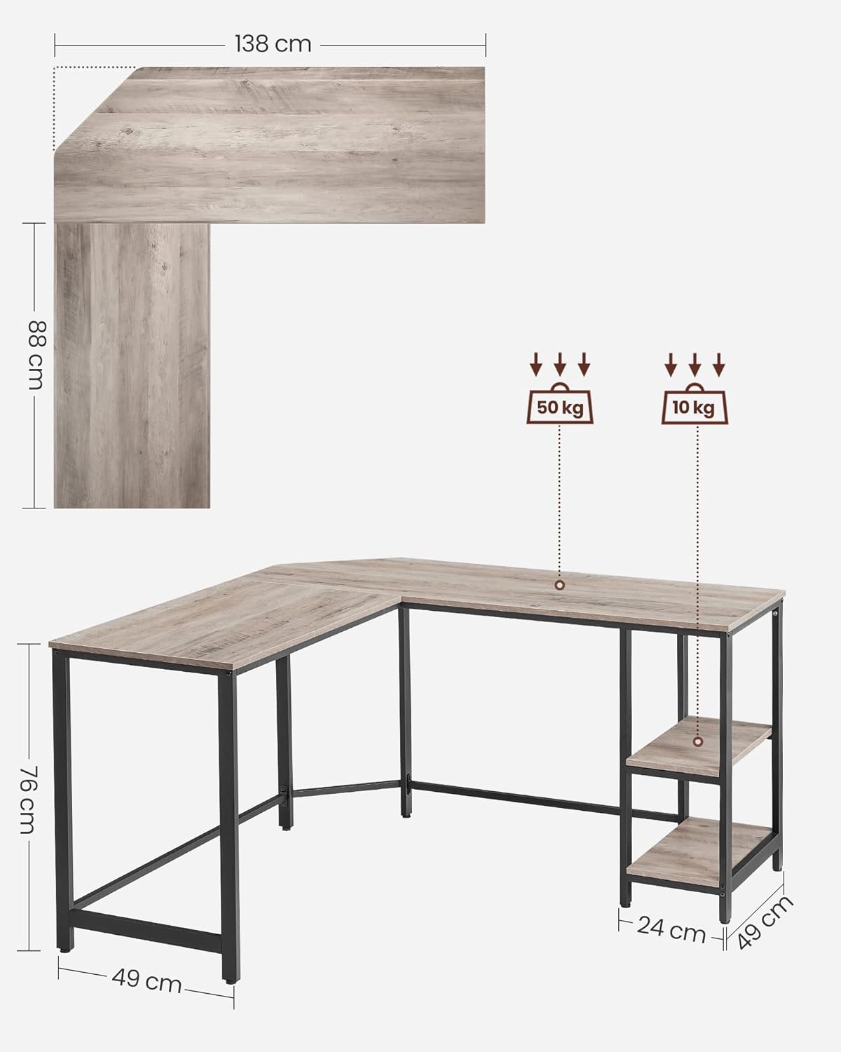 VASAGLE Birou de colt in forma de L, cu 2 rafturi de depozitare, 138x138x75cm, industrial, gri si negru