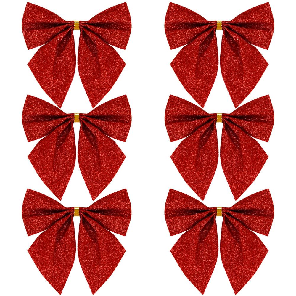 Set 6 ornamente pentru bradul de Craciun, fundita, 8cm, rosu cu sclipici
