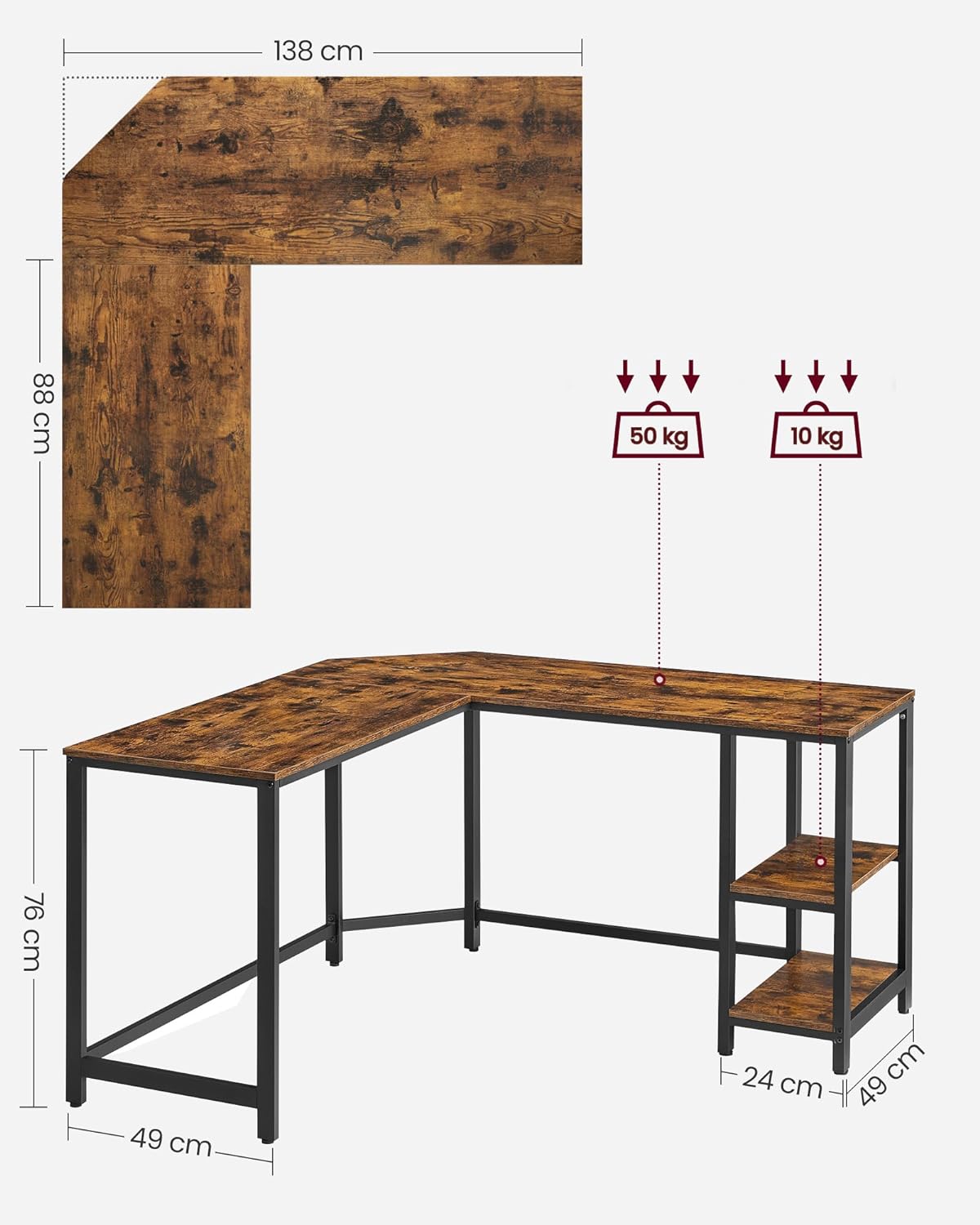 VASAGLE Birou de colt in forma de L, cu 2 rafturi de depozitare, 138x138x75cm, industrial, maro rustic si negru