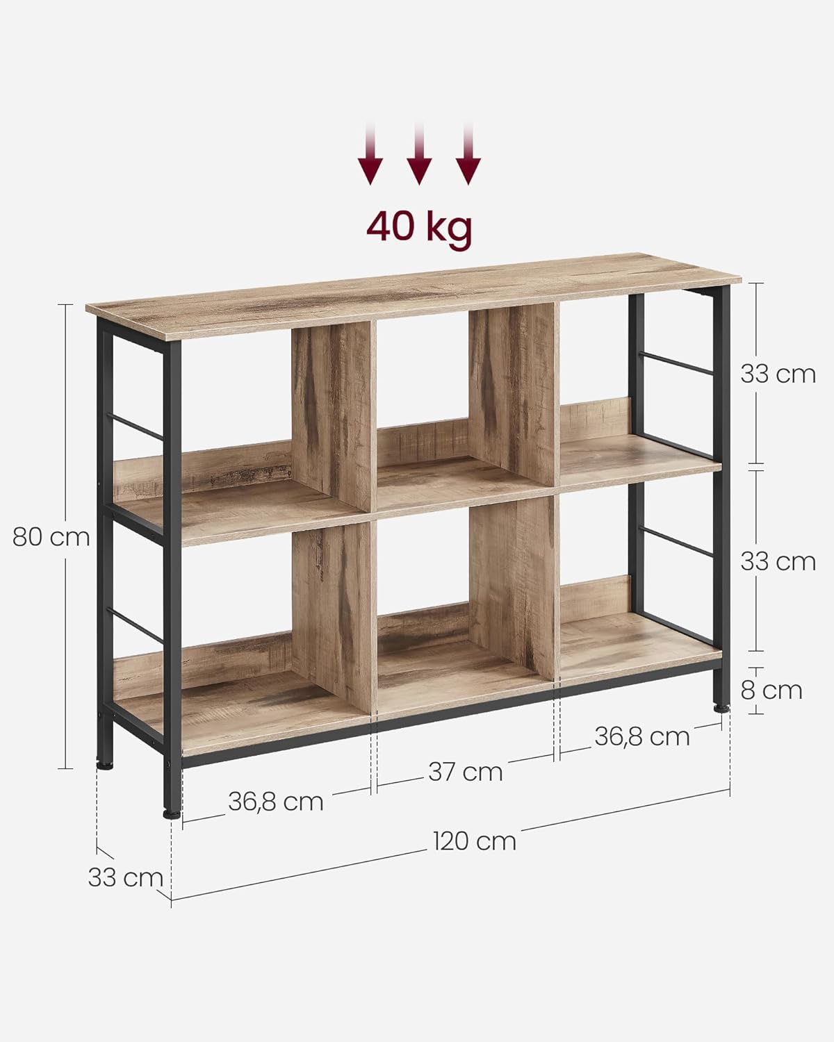 VASAGLE Biblioteca, raft cu 6 unitati de depozitare, din lemn, 33x120x80 cm, gri stejar - 3