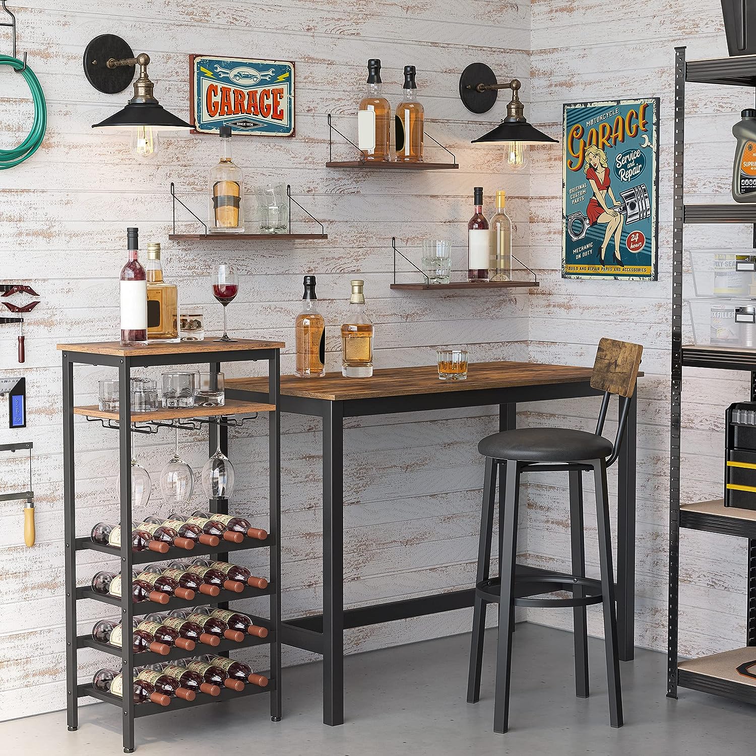 VASAGLE Raft pentru vinuri, capacitate 20 de sticle, cu suport pentru pahare, stil industrial, 50x32x100cm, maro rustic si negru