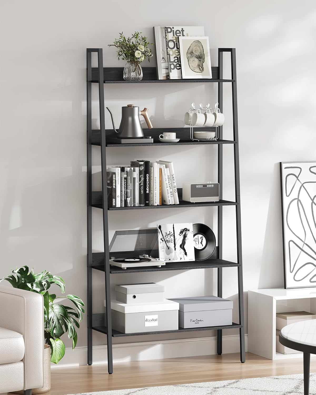 VASAGLE Biblioteca tip scara, cadru otel cu 5 polite, stil industrial, 80x30x170 cm, negru - 3