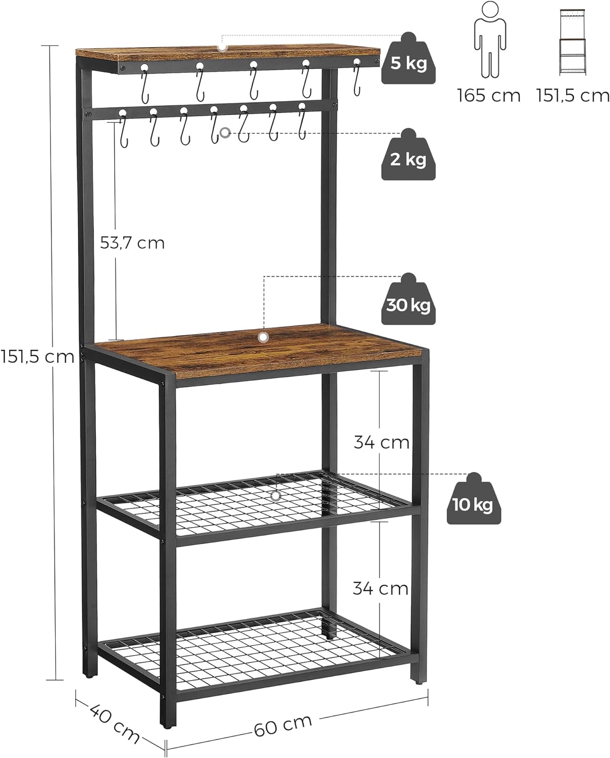 VASAGLE Raft de bucatarie, suport pentru cuptorul cu microunde, cu 3 polite, 60x40x152cm, maro rustic - 3