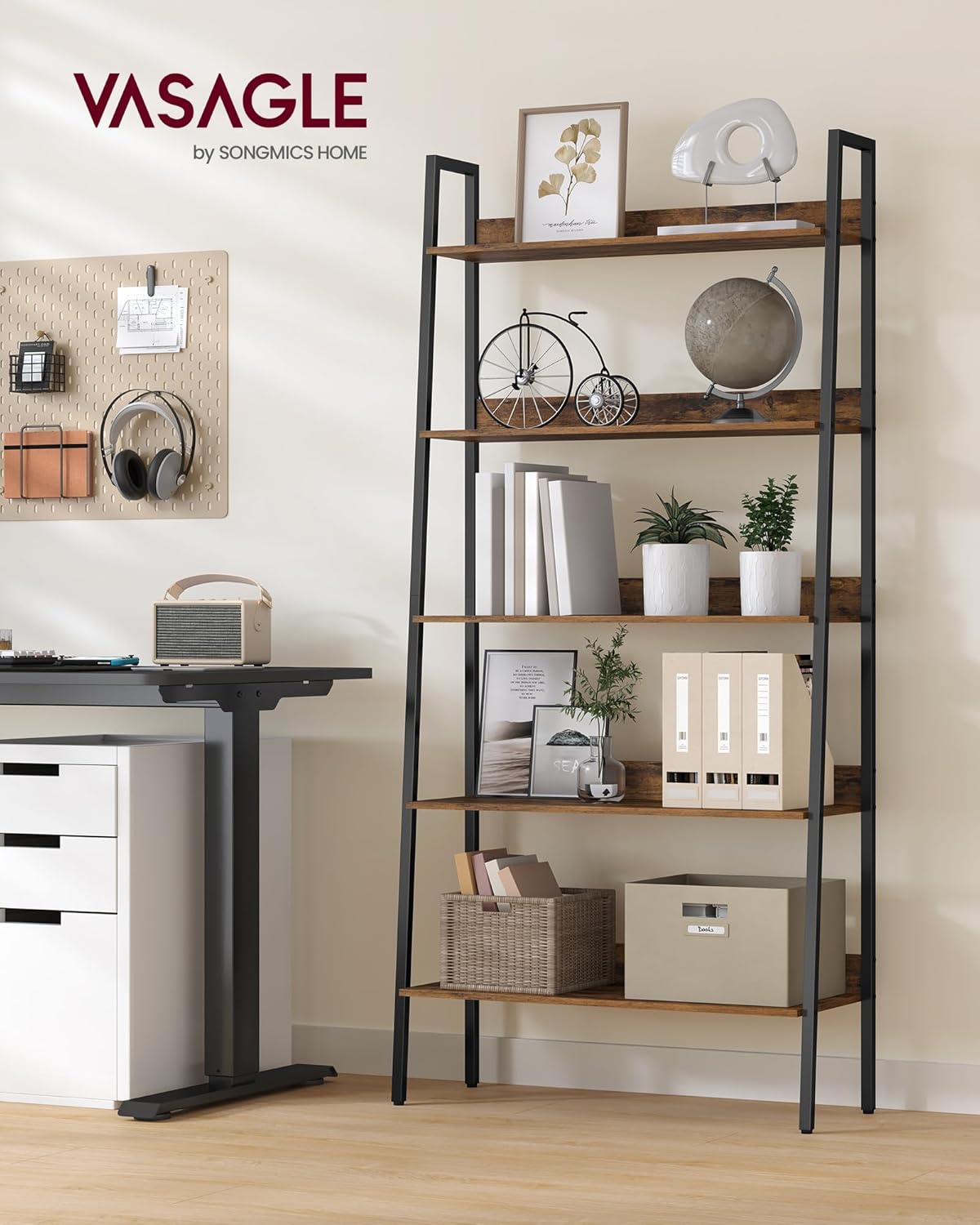 VASAGLE Biblioteca tip scara, cadru otel cu 5 polite, stil industrial, 80x30x170 cm, maro - 2