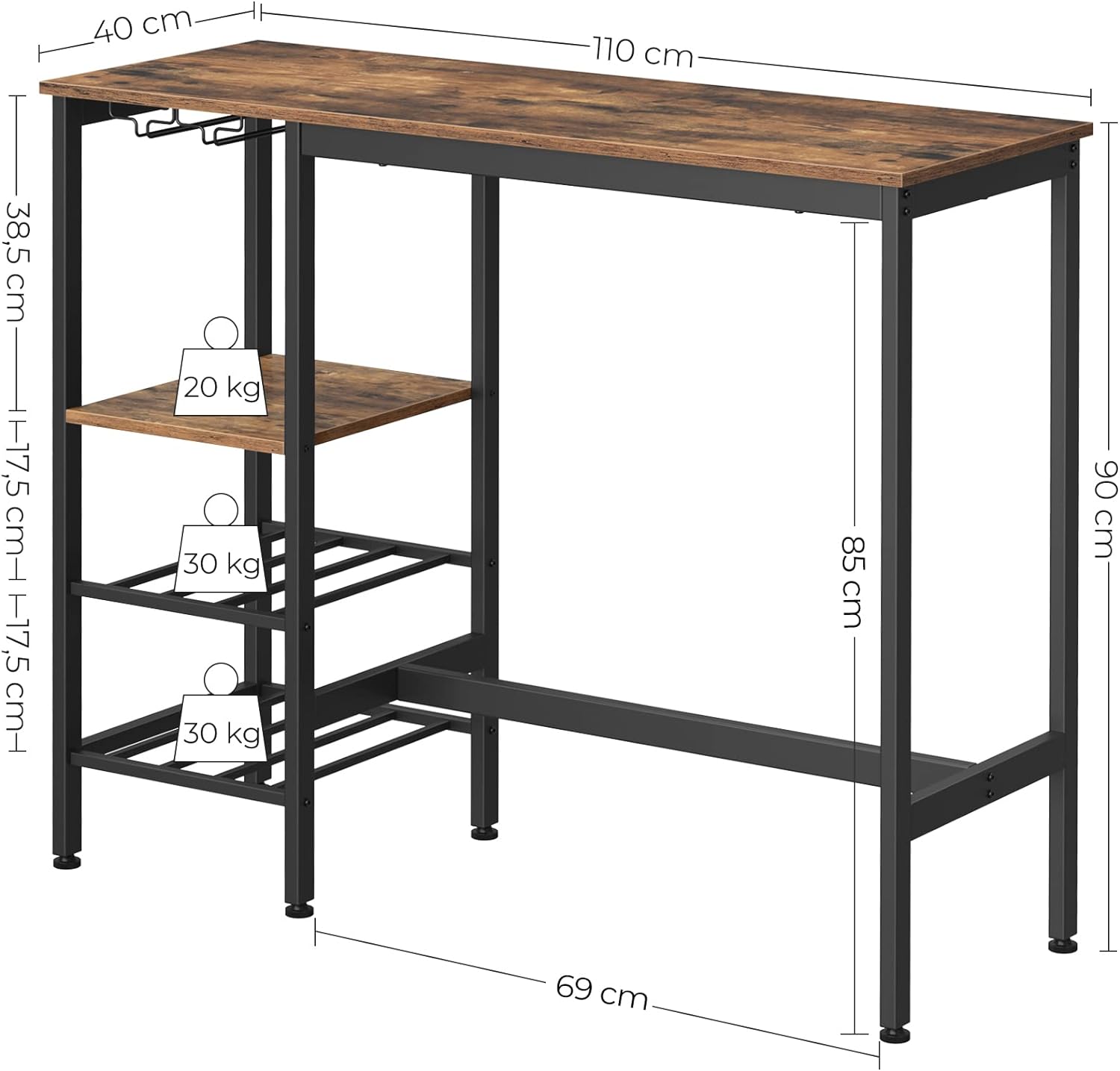 Masa inalta de bar, cu suport pentru sticle si pahare de vin, 110x40x90cm, maro rustic si negru