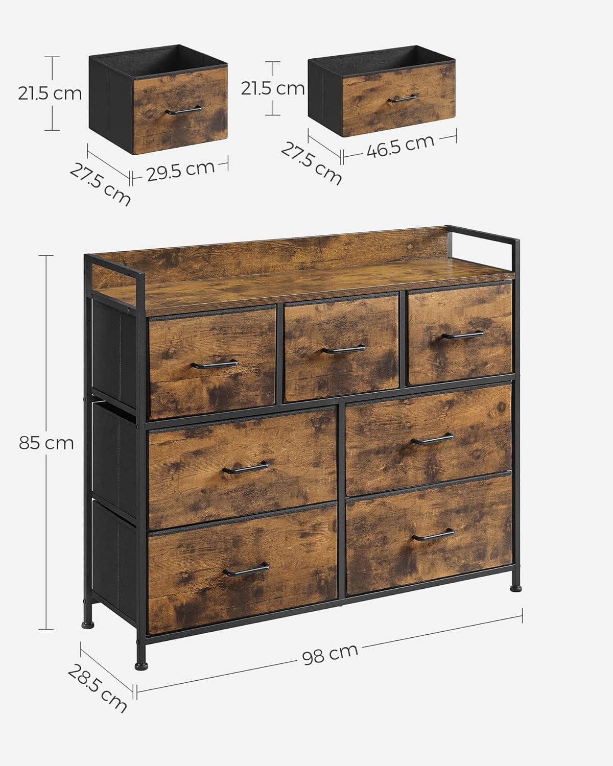 SONGMICS Comoda cu cadru metalic si 7 sertare din textil, stil industrial, 98x29x85cm, maro rustic si negru