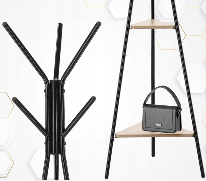 Cuier hol, metalic, 2 rafturi MDF, design minimalist, 180 cm, negru