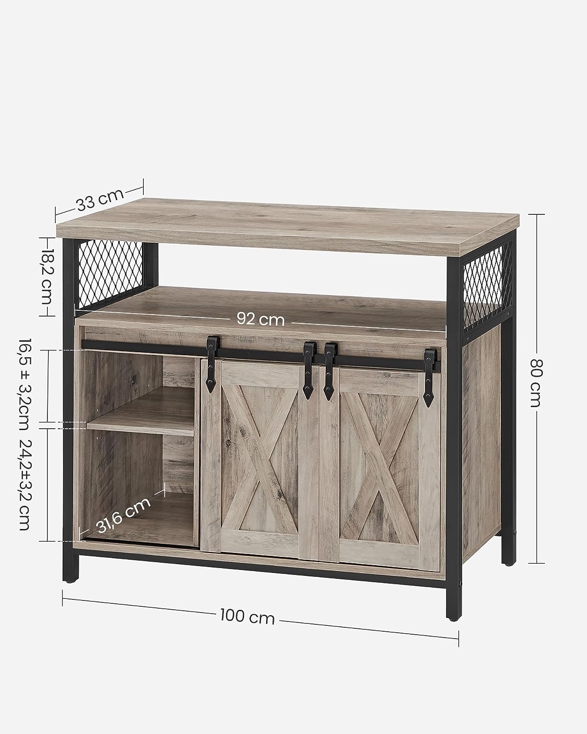 VASAGLE Comoda pentru living sau bucatarie, cu 2 usi glisante, rafturi reglabile, stil rustic, 33x100x80cm, gri