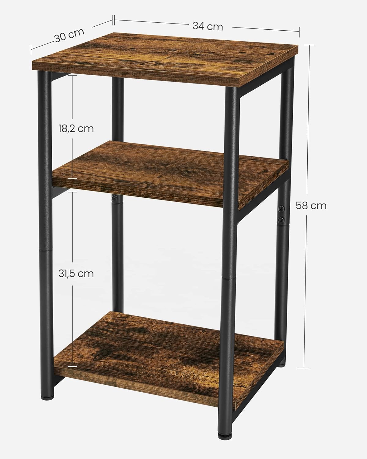 VASAGLE Noptiera cu 3 nivele pentru dormitor, cadru din otel, design industrial, 34x30x58cm, maro rustic