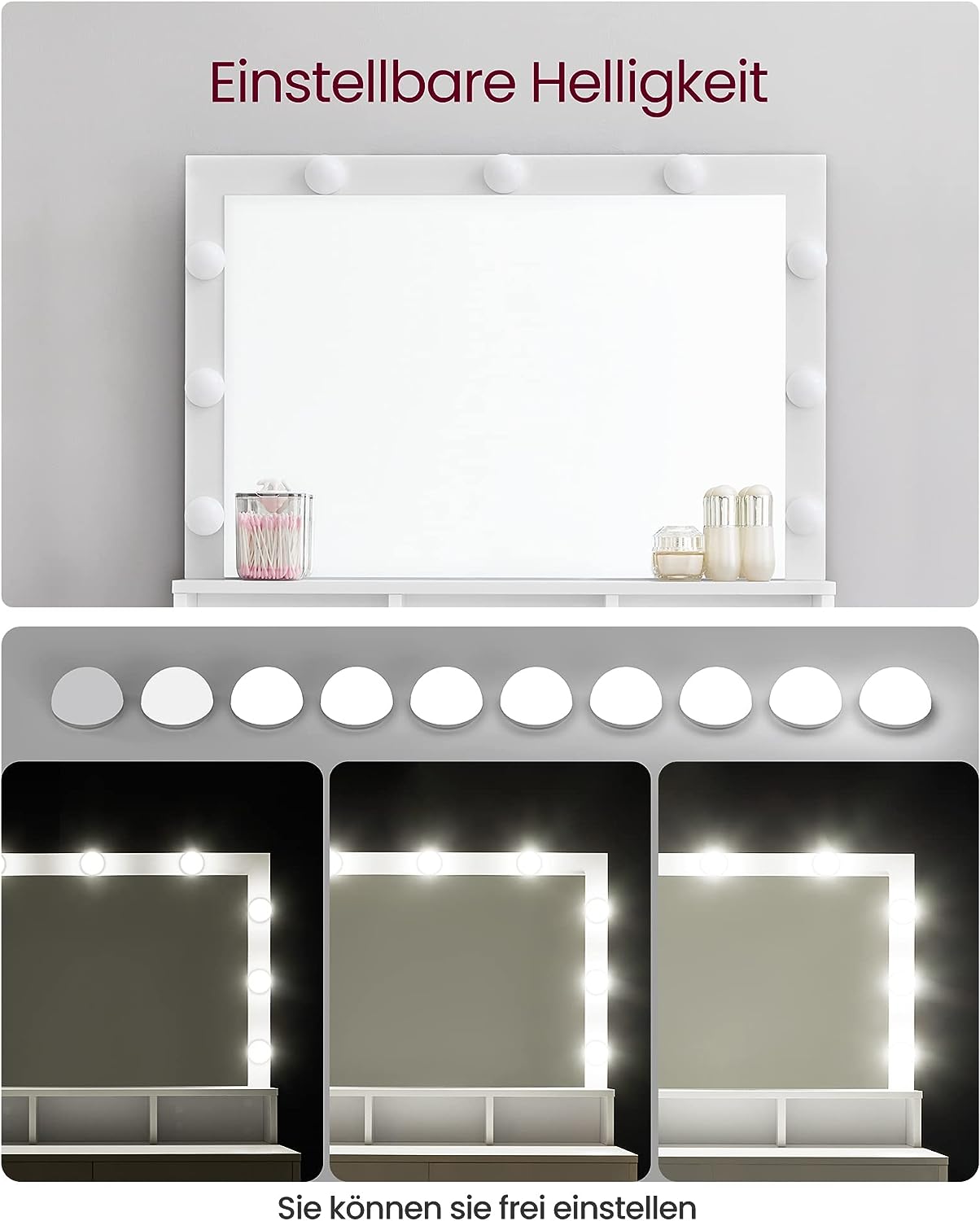 VASAGLE Masa de toaleta cu oglinda, iluminare LED, 2 sertare si 3 compartimente deschise, 80x40x140cm, modern, alb