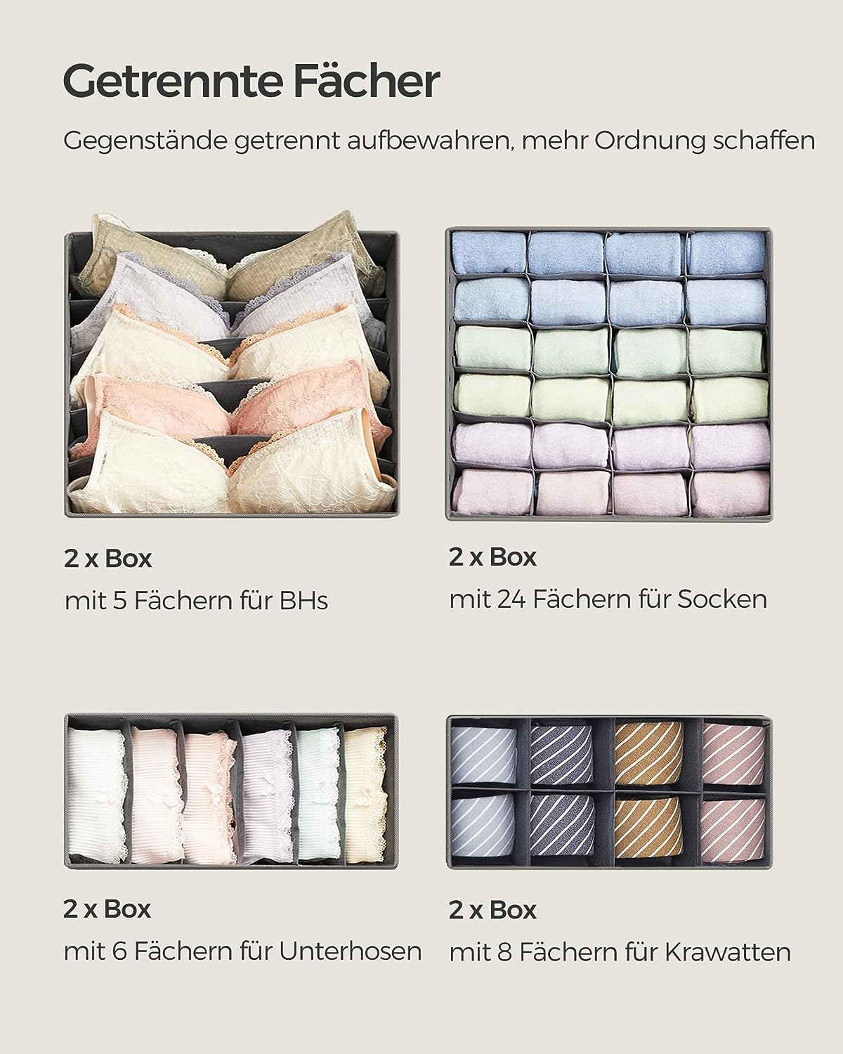 Organizatoare dulap sau sertar, set 8 cutii de depozitare a lenjeriei de corp, pliabile, 64x48x10cm, gri