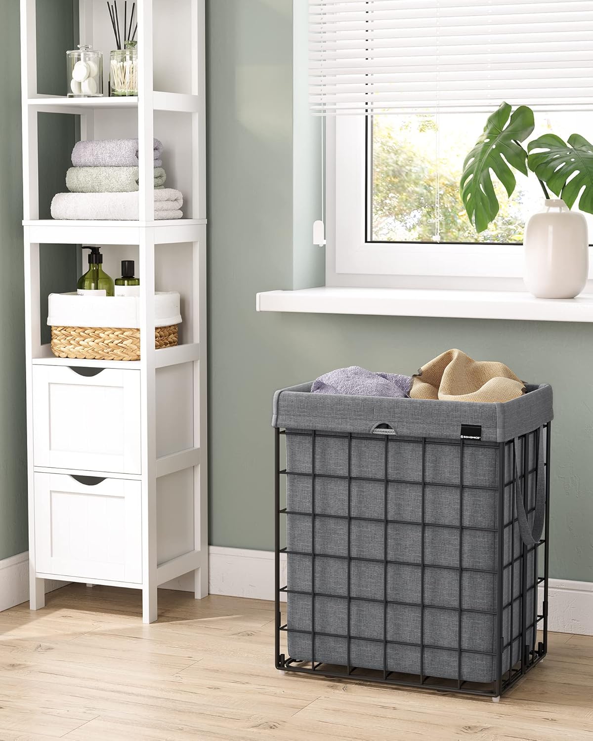 SONGMICS Cos de rufe pliabil cu cadru metalic, sac detasabil si lavabil, 90L, 48x33x58cm, negru si gri