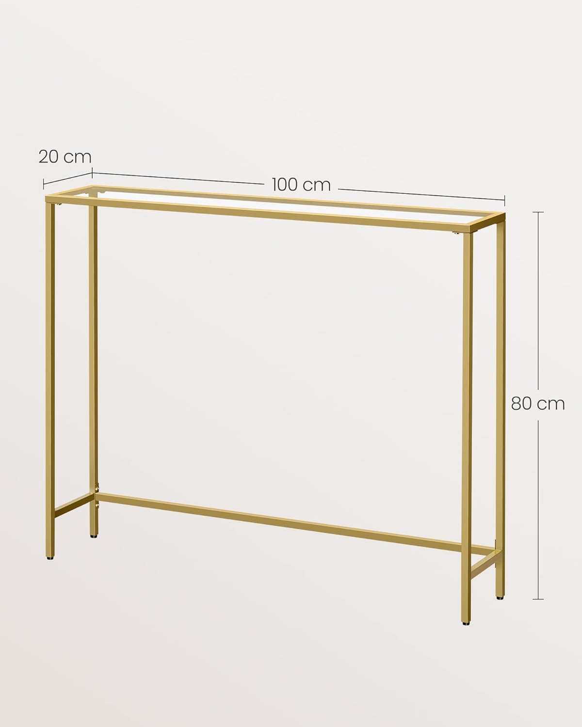 VASAGLE Masa de intrare, blat din sticla securizata, cadru metalic, 20x100x80 cm, auriu